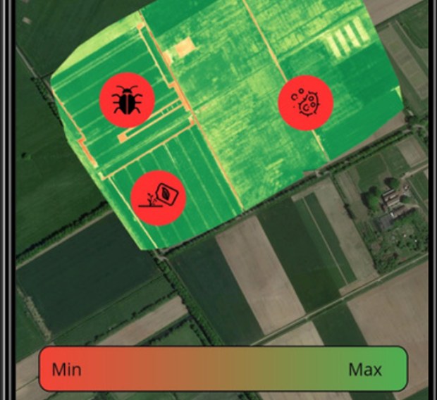 An NDVI overlay on a field in the mobile app, with pest and disease markers and a min-to-max colour scale.
