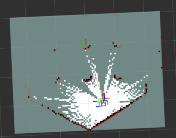 An occupancy grid the rover built from lidar scans: white free space and black obstacle cells fanning out from its coordinate frame.