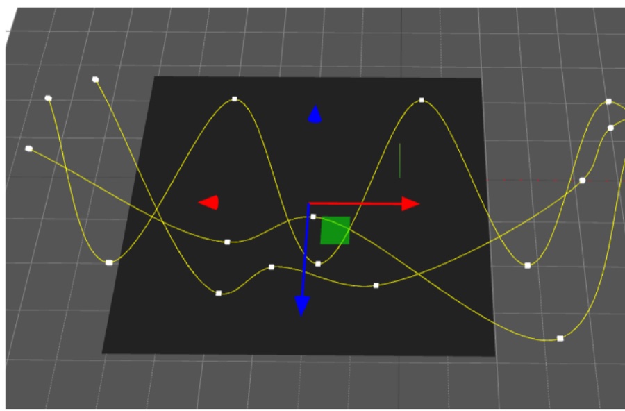The simulation tool: yellow virtual tracks crossing a black rectangle that bounds the region where tracking data is recorded.